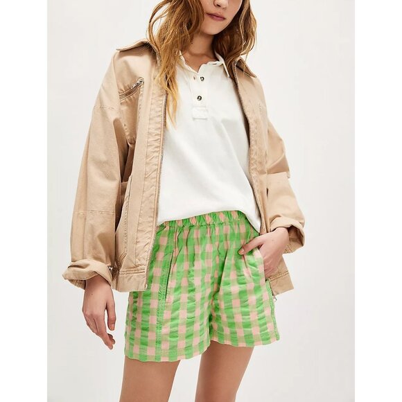 FREE PEOPLE Get Free Seersucker Pull On Shorts / Exotic Lime Combo - Picture 2 of 13